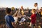 RISHON LE ZION, ISRAEL-MAY 11, 2017: Elementary school kids in festive Lag Baomer bonfires in Rishon Le Zion, Israel.