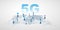 Rising 5G Network Label with World Map, People, Icons and Network Mesh - High Speed Broadband Mobile Telecommunication