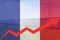 Rising arrow on France flag with electric towers and solar panels. Electricity price growth