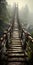 Rising High: An Adventure-themed Wooden Bridge Over A Foggy Mountain