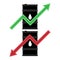 Rising oil green arrow up. Reducing cost of barrels of petroleum. Vector illustration black oil barrel