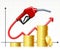 Rising Price of Gas. Fuel handle pump nozzle with hose like price rises chart