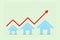 Rising property prices. Icons of houses, and a graph with an arrow up on a yellow background. Copy space. World crisis. Business