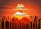 Rising radioactive bright mushroom cloud on city