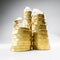 Rising stacks of Euro coins topped with model houses made from acrylic glass. Seamless white background and reflections