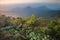 Rising sun over the mountains in early morning, Natural summer landscape, San Dan peak, Khlong Naka Wildlife Sanctuary, Ranong,