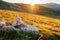 Rising Sun over the Sinjal or Dinara 1831 m mountain - the highest point of Croatia in the Dinaric Alps on the border between