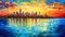 Rising Vibrancy: A Bold and Backlit City Skyline Painting Using Pouring Techniques