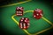 risk concept - playing dice on a green gaming table. Playing a game with dice. Red casino dice rolls. Rolling the dice concept