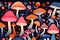 risograph printing style bright colorful mushroom pattern