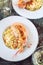 Risoni pasta in risotto with shrimps, red crayfish and white wine