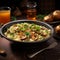 Risotto bowl, savory mushrooms, elegantly set table