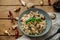 Risotto and mushroom dish in bowl