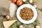 Risotto mushrooms with parmesan cheese, fresh herbs, rice, onion.