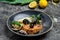 Risotto with seafood shrimp and mussels in shells. Mediterranean cuisine. Restaurant menu, dieting, cookbook recipe top view