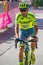 Risoul, France May 27, 2016; Professional Cyclist exhausted passes the finish line after a hard mountain stage