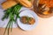 Rissole of pork served on a white plate with white wheat bread a