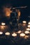 A ritual halloween witchcraft scene with candles, statue on the rustic background