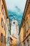 Riva del Garda, Italy - September 22, 2021: Colorful streets of the beautiful Italian town of Riva at the foot of the mountains