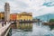 Riva del Garda, Italy - September 22, 2021: Colorful streets of the beautiful Italian town of Riva at the foot of the mountains