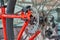 Riva del Garda,Lago di Garda ,Italy - 29 April 2017:Bicycle gears, disc brake and rear derailleur on display at Expo Ziener BIKE