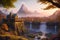 a rivendell overlooking an ethereal autumn landscape with waterfalls generated by Ai
