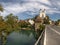 The river Aare and Evangelical church in Aarburg, Canton of Aargau