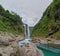 River and amazing crystalline blue water of Tamul waterfall in San Luis PotosÃ­, Mexico