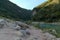 River and amazing crystalline blue water of Tamul waterfall in San Luis PotosÃ­, Mexico