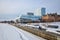 River bank with new building of library in UmeÃ¥, Sweden