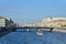 River boat sails under Semenovsky bridge over Fontanka