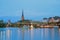 River, bridge, church and city. Frankfurt am Main, Germany