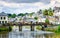 River, bridge and colourful ancient houses. Josselin, beautiful village of French Brittany