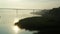 River and bridge at dawn, mysterious landscape in fog, drone shooting