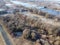 River, bridge and forest photographed from a high altitude from a drone