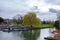 River Cam in Cambridge, England with moored punts at the shore