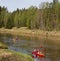 On the river in a canoe descent.