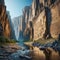 A river canyon with towering cliffs and ancient petroglyphs. landscape Background, Generative Ai