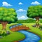 River cartoons in the middle beautiful natural sceneryBackground scene with bridge across in the park