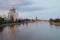 River and city in evening. Frankfurt am Main, Germany