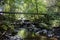 River course littered with rocks with waterfall