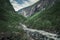 River currents in the valley of Voringsfossen waterfall at Hardangervidda National Park in Norway