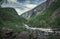 River currents in the valley of Voringsfossen waterfall at Hardangervidda National Park in Norway