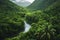 A river cuts through a dense forest of vibrant green trees, creating a beautiful natural scene, A river twisting through a lush