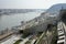 The River Danube and Budapest viewed from Buda castle, with the statue of The Vigin Mary Looking on.