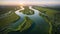 River Delta with green vegetation in aerial view. Extremely detailed and realistic high resolution concept design illustration