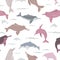 River dolphins seamless pattern. Marine mammals collection. Cartoon flat style design