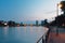 River, embankment, bridge and city in evening. Frankfurt am Main, Germany