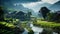 River Floating Through Chinese Ancient Village Foggy Mountains