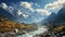 River Floating in Front of Big Snow Mountains With Cloudy Sky Winter Landscape Background